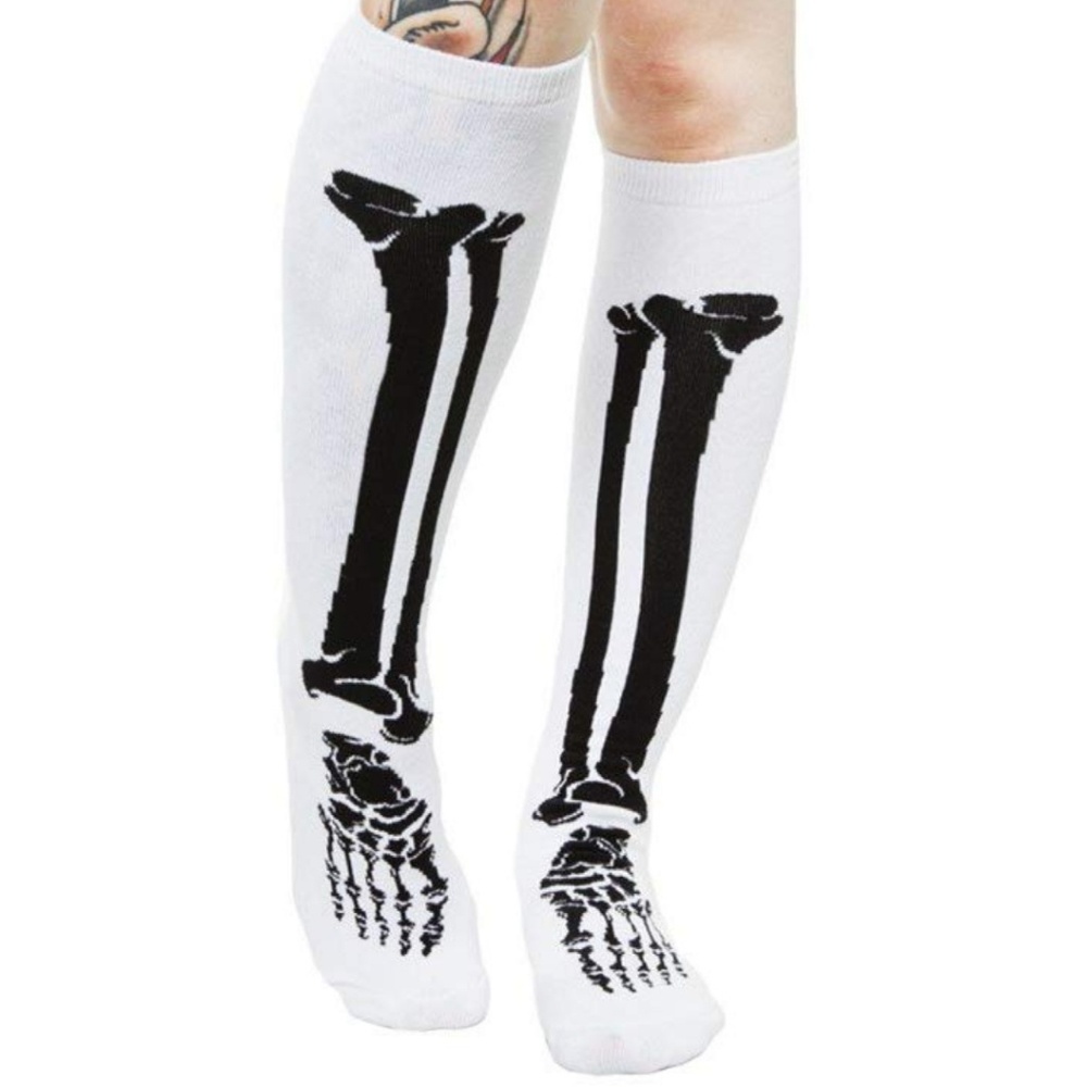 Sourpuss White W/ Black Bones Knee High Socks